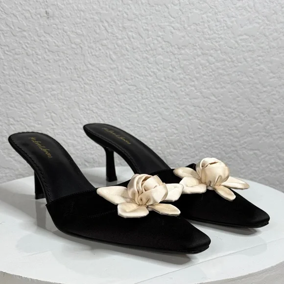FOR LOVE & LEMONS 🍋 CLAUDINE BLACK SATIN FLORAL ROSETTE KITTEN HEELS - Picture 2 of 15